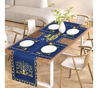 Thiccywoov 7-Piece Hanukkah Table Runner & Placemats Set - 13 x 72 Inch Runner with 6 Hanukkah Place Mats - Blue, Gold, White - Flax Material - Geometric Pattern - Classic Style