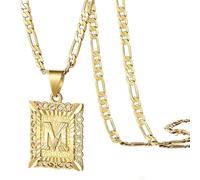 Thick Chain Necklace for Men Initial Letter Pendant Necklace for Men Womens 1 Gold Plated Square Capital Monogram Necklace Alhpabets from A Z Figaro Chain Necklace Fashion Chains for Women (Beige, 5)