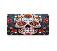 Thick Front License Plate Colorful Sugar Skull Aluminum Metal Rust-Proof US Car Plate with 4 Holes for Men/Women/Boy/Girls Car