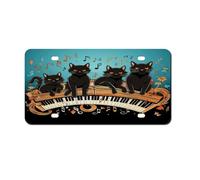Thick Front License Plate Four Black Cats Lying on The Piano Keyboard Aluminum Metal Rust-Proof US Car Plate with 4 Holes for Men/Women/Boy/Girls Car