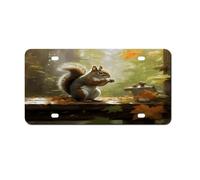 Thick Front License Plate Squirrel Eats Nuts Aluminum Metal Rust-Proof US Car Plate with 4 Holes for Men/Women/Boy/Girls Car