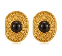 Thick Gold Earrings for Women Stainless Steel Vintage Square Oval Black & Gold Stud Earrings Geometric Statement Vintage Earrings Trendy Jewelry for Holiday Prom, Large, Stainless Steel, No Gemstone