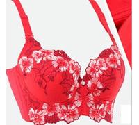 Thick Padded Add 2 Cups Bra Women Push-up Brassiere Deep V Lace Underwire Bras D (32C,Red)