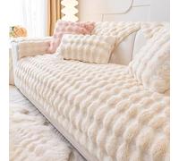 Thick Rabbit Plush Sofa Covers 1 2 3 Seater, Non Slip Sofa Slipcovers For Corner L Shape, Soft Thick Plush Sofa Cushion Covers, Washable Furniture Protector, Milk white, 70 * 150cm