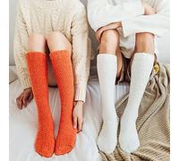 Thick Socks,Snuggle Socks 2 Pairs Orange White Solid Color Knee High Socks Ladies Cozy Coral Fleece Stockings Warm Winter Fluffy Socks Soft Bed Socks Thermal Thigh High Socks