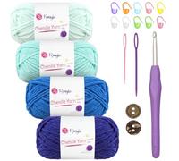 Thick Soft Chunky Chenille Yarn 4x50g Fluffy Wool Perfect for Crochet Baby Blankets with 5mm Crochet Hook, Ideal for Beginners (Blue-4)
