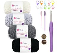 Thick Soft Chunky Chenille Yarn 4x50g Fluffy Wool Perfect for Crochet Baby Blankets with 5mm Crochet Hook, Ideal for Beginners (Grey-4)