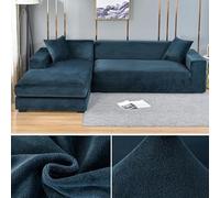 Thick Stretch Velvet Sofa Cover Elastic Slipcover for 1/2/3/4 Seater L-Shaped Plush Couch Protector Dark Blue Fits 90-140 cm Single Seat