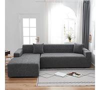 Thick Stretchable Sectional Sofa Covers with 2 Pillowcases - Soft L-Shaped Slipcovers for Chaise LoungePet & Kid Furniture Protector Gray 2 Pieces