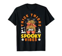 Thick Thighs and Spooky Vibes Messy Bun Women Halloween T-Shirt