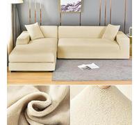 Thick Velvet Stretch Sofa Cover for 1/2/3/4 Seater Plush L-Shaped Couch Protector Beige Slipcover for Living Room Fits Sofas 145-185 cm & Stylish