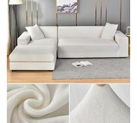 Thick Velvet Stretch Sofa Cover L-Shaped Couch Slipcover for 1/2/3/4 Seater Plush Furniture Protector White Fits 2-Seater 145-185 cm Living Room Decor