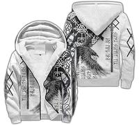 Thick Viking Hoodies Nordic Myth Style Fleece Pullover Wolf Raven Graphic Hoodies Sweatshirt Winter Zipper Jacket(White,XXL)