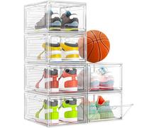 【Thicken & Sturdy】Clear Shoe Storage Organizer with Magnetic Door, Stackable Shoe Storage Boxes for Closet, Foldable Space-Saving Shoe Rack for Sneaker Boot Container, Plastic Shoe Box 6 Pack, White