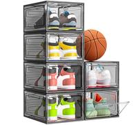 【Thicken & Sturdy】Clear Shoe Storage Organizer with Magnetic Door, Stackable Shoe Storage Boxes for Closet, Foldable Space-Saving Shoe Rack for Sneaker Boot Container, Plastic Shoe Box 6 Pack, Black