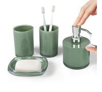 Thickened Bathroom Accessories Set, 4-Piece Bathroom Accessories Set with 2 Toothbrush Cups, Soap Dispenser, Soap Dispenser (Olive Green)
