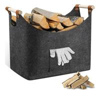 Thickened Felt Log Basket with Extended Wooden Handles, Extra Large Portable Foldable Firewood Storage Bag, Indoor & Outdoor Wood Burner Baskets for Fireplace, Newspaper, Shopping, Toys (Dark Gray)