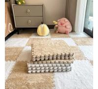 Thickened Plush Interlocking Carpet Tiles, Milk Velvet Patchwork Rugs, 2pcs Carpet Squares Puzzle Floor Mat, Soft Plush Area Rugs Washable,12x12x0.4in,Beige+White