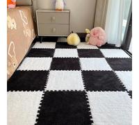Thickened Plush Interlocking Carpet Tiles, Milk Velvet Patchwork Rugs, 2pcs Carpet Squares Puzzle Floor Mat, Soft Plush Area Rugs Washable,12x12x0.4in,Black+White