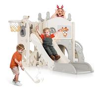 Thickened Widened Toddler Slide5 in 1,170cm extra-long slideway, Freestanding with Basketball Hoop, Baby Slide Playground Equipment, Easy Assembly Enhanced Safety (6-in-1 - Beige and Gray)