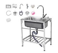 Thicker Stainless Steel Kitchen Sink with Taps - Portable Commercial Utility Sink for Outdoor & Indoor Use Single Bowl Hand Washing Basin for Home Garden Bar Catering - 75cm Height
