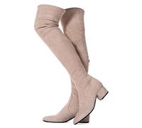 Thigh High Block Heel Boot Women Pointed Toe Stretch Over The Knee Boots, Beige 2 Inch Heel, 6 UK