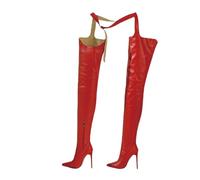 Thigh High Boots Strip Club Over The Knee Pointed Toe Sexy High Heeled Boots with Belt Stripper Boots with Zipper Silk Ribbon Adjustment 11.5Cm,Red,6 UK