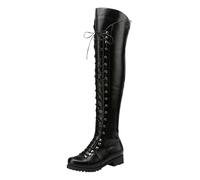 Thigh High Boots Women Stretch Comfy Over The Knee Booties Stylish Side Zipper Lace Up Low Chunky Heel Non-Slip Biker Boots Fall Winter