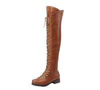 Thigh High Boots Women Stretch Comfy Over The Knee Booties Stylish Side Zipper Lace Up Low Chunky Heel Non-Slip Biker Boots Fall Winter