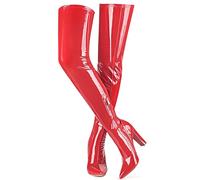 Thigh High Boots Women Wide Heel Over The Knee Boots Patent Leather PU Stretchy High Boots Sexy Pointed Toe Fashion Gogo Boots Prom Party Knee High Boots, Red Excursion Plain Getaway Solids, 8.5 UK