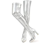 Thigh High Boots Women Wide Heel Over The Knee Boots Patent Leather PU Stretchy High Boots Sexy Pointed Toe Fashion Gogo Boots Prom Party Knee High Boots, silver, 5.5 UK