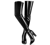 Thigh High Boots Women Wide Heel Over The Knee Boots Patent Leather PU Stretchy High Boots Sexy Pointed Toe Fashion Gogo Boots Prom Party Knee High Boots, black, 8 UK