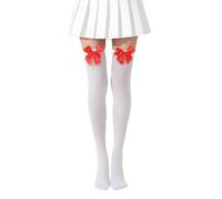 Thigh High Socks with Red Satin Bows,Soft and Breathable Opaque Bow Lace Over The Knee Sexy Long Socks,Stocking Cozy Valentine's Adult Lace Silk Opaque for Halloween,Valentine's,Christmas (White)
