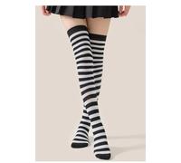 Thigh High Stockings Striped Socks for Women Over Knee Leg Warmers Knee-High Long Hosiery Crotchless Pantyhose Tights Black White Stripe Knit Thigh High Socks for Halloween Party Costume Accessories