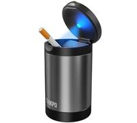 THIKPO Car Ashtray with Lid, Portable Ashtray for Car, Mini Car Trash Can, Detachable Stainless Steel Smokeless Ash Tray with LED Blue Light (Misted Grey)