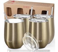THILY Stainless Steel Insulated Wine Tumbler 4 Pack Stemless Wine Glasses Set with Lid and Straw, Reusable, BPA Free, Cute Travel Cup for Coffee, Cocktails, Sparkle Champagne