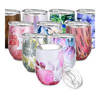 THILY Stainless Steel Insulated Wine Tumbler Stemless Wine Glass with Lid and Straw, Splash-Proof, Cute Travel Cup for Coffee, Cocktails, for Women, Mother, Wife, Girls, Lotus Flower