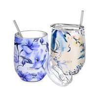 THILY Stainless Steel Insulated Wine Tumbler Stemless Wine Glass with Sliding Lid and Straw, Cute Travel Cup Keep Coffee and Cocktails Cold, 2 Pack(Iridaceae+Orchid)