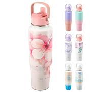 THILY Stainless Steel Sports Water Bottle Vacuum Insulated 40 oz Leakproof Wide Mouth Water Flask with Lid and Straws, Cupholder Friendly, Keep Hot 12 Hours Cold 36 Hours, Cherry Blossoms