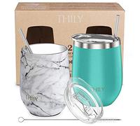 THILY Stainless Steel Stemless Wine Glasses 350 ml Vacuum Insulated Wine Tumbler with Lid and Straw, Reusable, BPA Free, Keep Cold & Hot for Drinks, Coffee, Cocktails, 2 Pack(Teal + Marble)