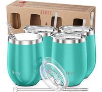 THILY Stainless Steel Stemless Wine Glasses 4 Pack Vacuum Insulated Cute Travel Wine Tumbler Set with Splash-Proof Lids, Reusable Straws, Keep Cold & Hot for Wine, Coffee, Teal