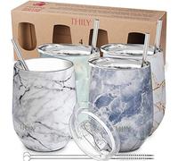 THILY Stainless Steel Stemless Wine Tumbler 4 Pack Vacuum Insulated Travel Wine Glasses with Sliding Lids and Straws, 350 ml, Keep Cold for Juice, Coffee, Beer, Marble Set