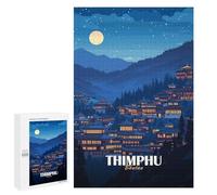 Thimphu, Bhutan Nightscape Illustration Decorative Jigsaw for Grown-Ups, 1000 PCS - Relaxing Home Activity - for Quiet Evenings And Focused Play