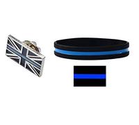 Thin Blue Line Union Jack UK GB Metal Tie Pin Lapel Badge & Thin Blue Line Silicone Wristband