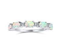 Thin CZ Accent Stackable 1/2 Eternity Oval White Created Opal Band Ring For Women .925 Sterling Silver 1MM Band October Birthstone