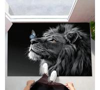 Thin Entryway Door Mat 80 x 120 cm, Non Slip Lion Butterfly Entry Rug Low Profile Surrealism Welcome Door Mats Dirt Trapper Floor Mat for Inside, Patio, High Traffic Areas, Grey