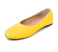 Thin Sole & Pebbled Leather Ballet Flats for Women (Sizes 32-54) 1cm Square Toe Slip-On Shoes - Lightweight Wide Fit Spring & Fall,Yellow,14 UK