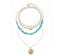 THINCAN Fashion Novel Natural Stone Pearl Multi-Layer Pendant Necklace Color Crushed Stone Panel Necklace Jewelry Multi-Layer Pearl Necklaces for Women