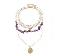 THINCAN Fashion Novel Natural Stone Pearl Multi-Layer Pendant Necklace Color Crushed Stone Panel Necklace Jewelry Multi-Layer Pearl Necklaces for Women