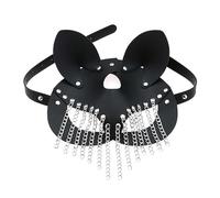 THINCAN PU Leather Cat Mask with Chain Tassels for Women Men Costume Cosplay Halloween Mysterious Half Face Punk Mask